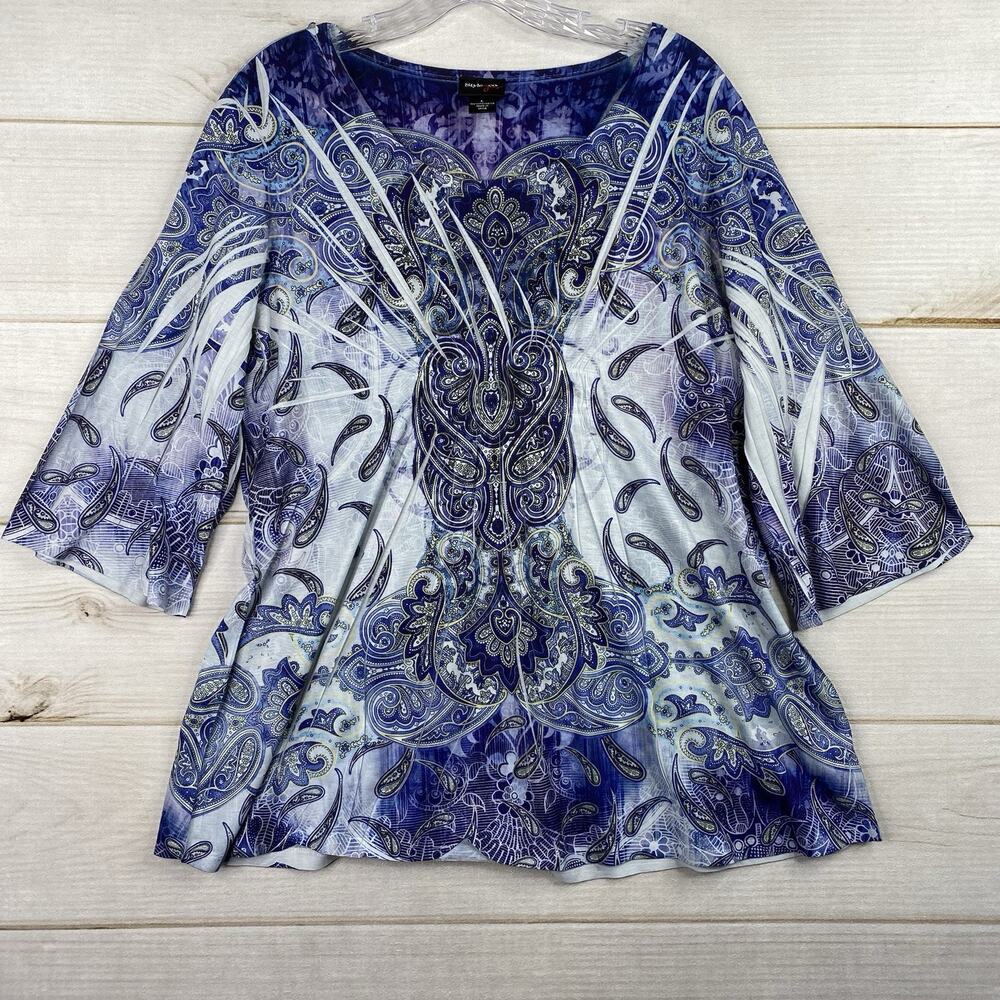 Style&Co Top L Blue White Black Sublimation 3/4 Sleeve Paisley Retro Y2K Tunic